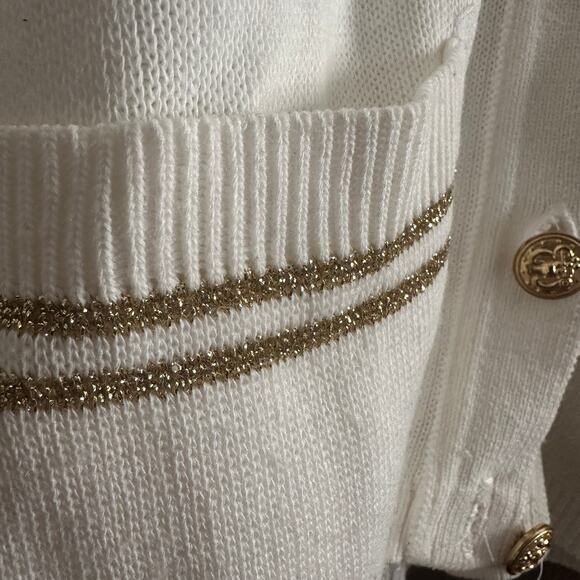 80s Vintage | Bay Point Threads | Nautical Gold and White Crested Cardigan Large - Picture 2 of 5